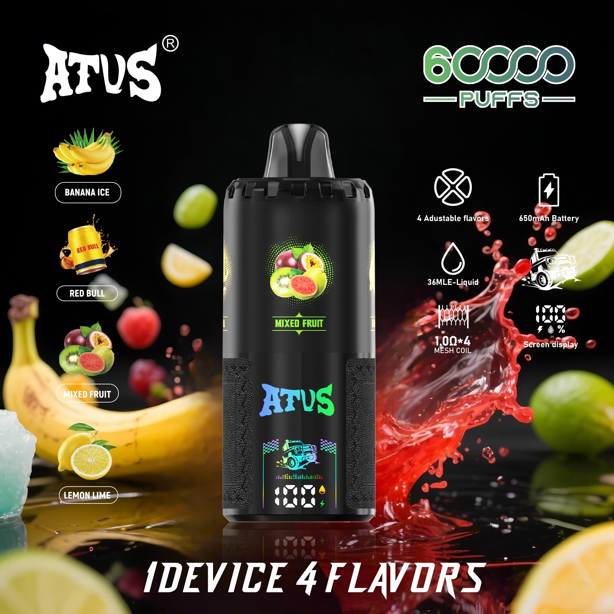 ATVS® Extreme: 60 000 zaciągnięć, waporyzator 4 w 1 z rzepem.|BANANA ICE|RED BULL|MIESZANE OWOCE|CYTRYNA-LIMONKA|.