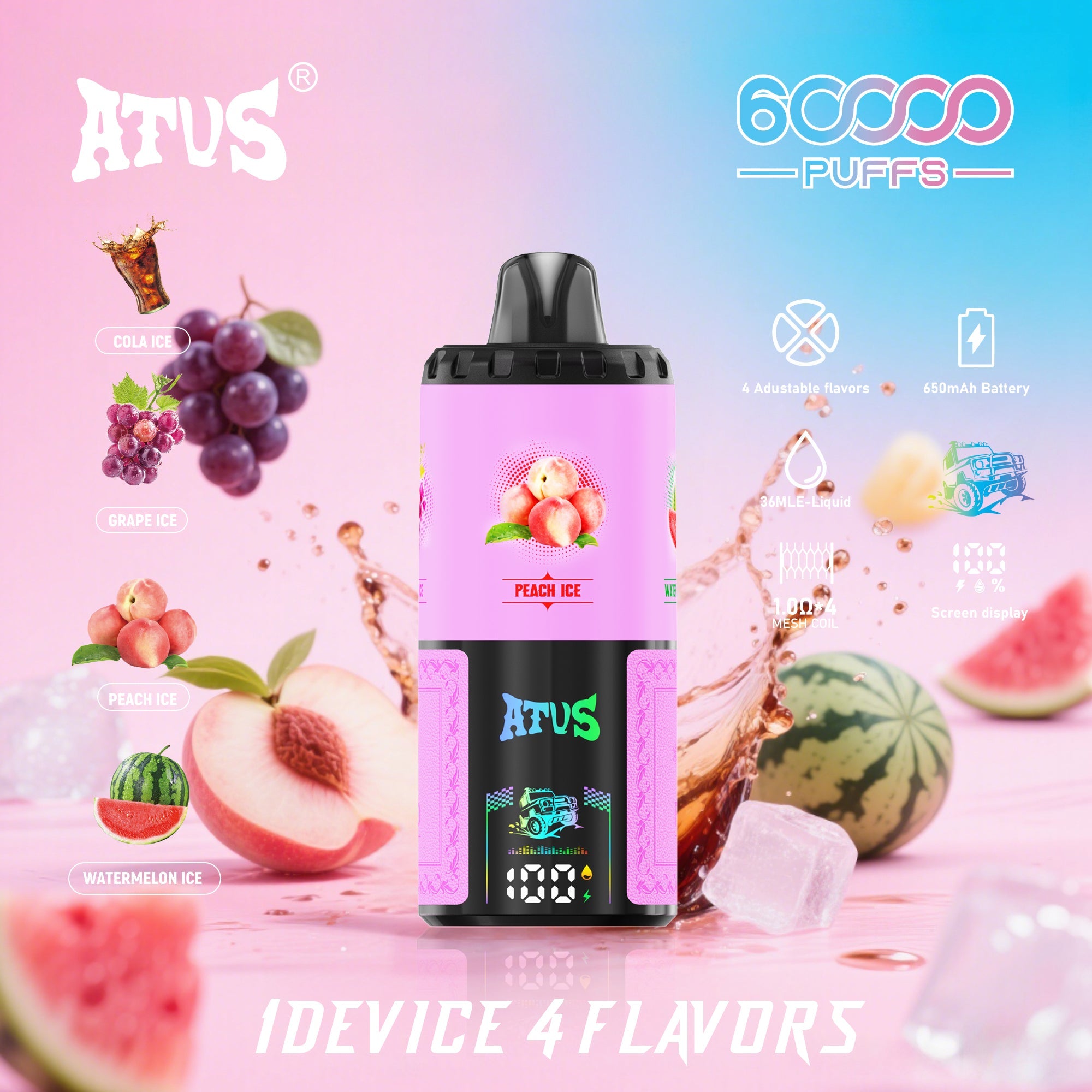 ATVS® Extreme: 60 000 zaciągnięć, waporyzator 4 w 1 z rzepem.|COLA ICE|GRAPE ICE|PEACH ICE|MELON ICE|.