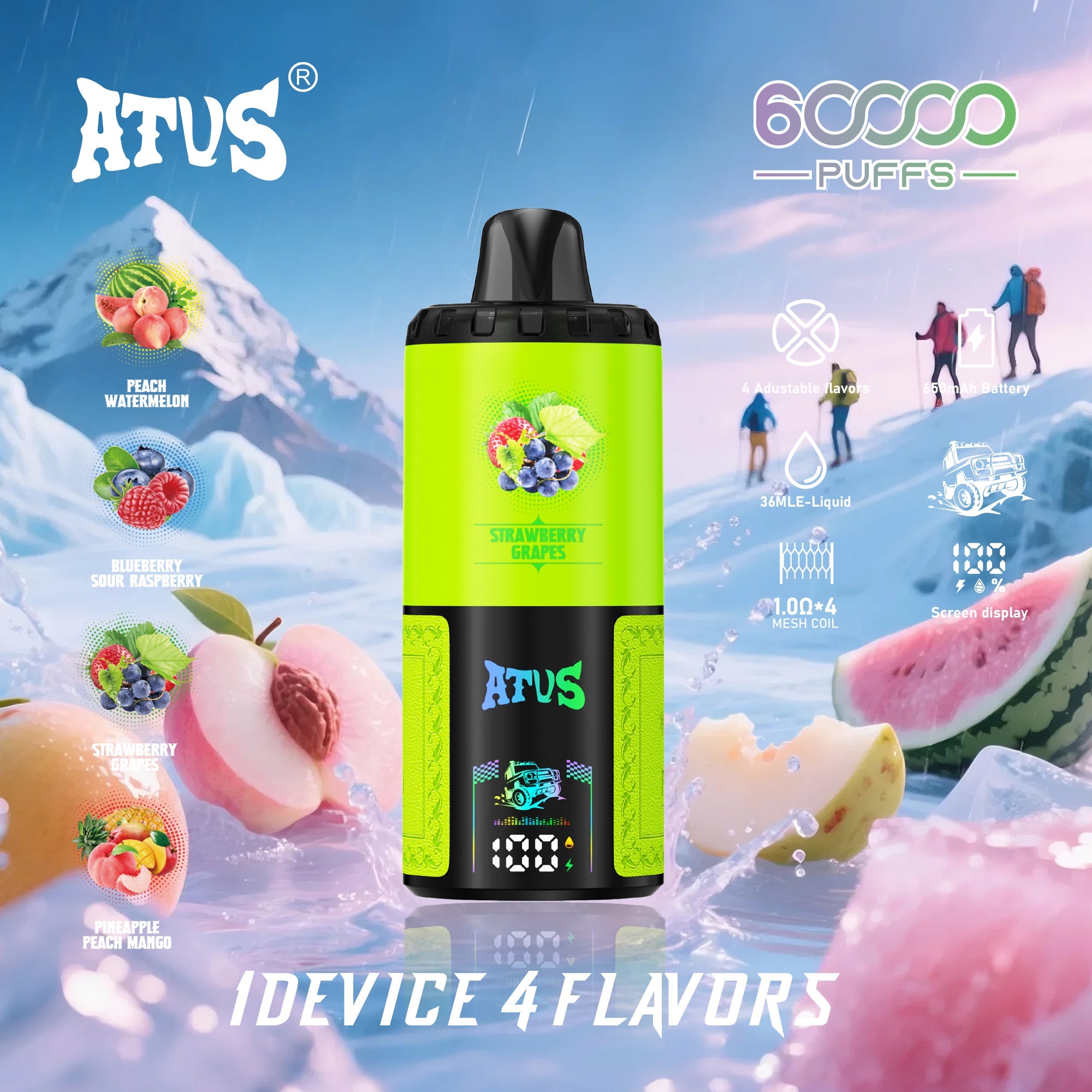 ATVS® Extreme: 60 000 zaciągnięć, atomizer 4 w 1 z rzepem. | Brzoskwinia-arbuz | Żurawina-malina | Truskawka-winogrono | Ananas-brzoskwinia-mango |