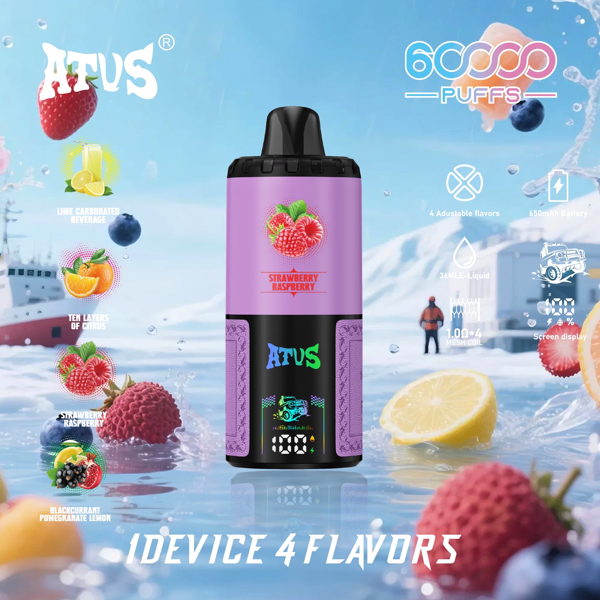 ATVS® Extreme: 60 000 zaciągnięć, atomizer 4 w 1 z rzepem. | Soda limonkowa | Dziesięć warstw cytrusów | Truskawka-malina | Czarna porzeczka-granat-cytryna |